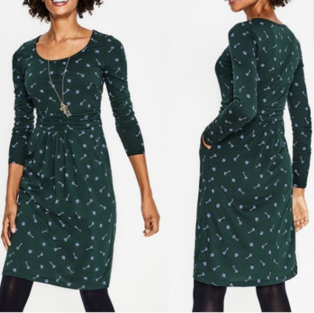 Boden Forest Green Long Sleeve Printed Knit Dress
